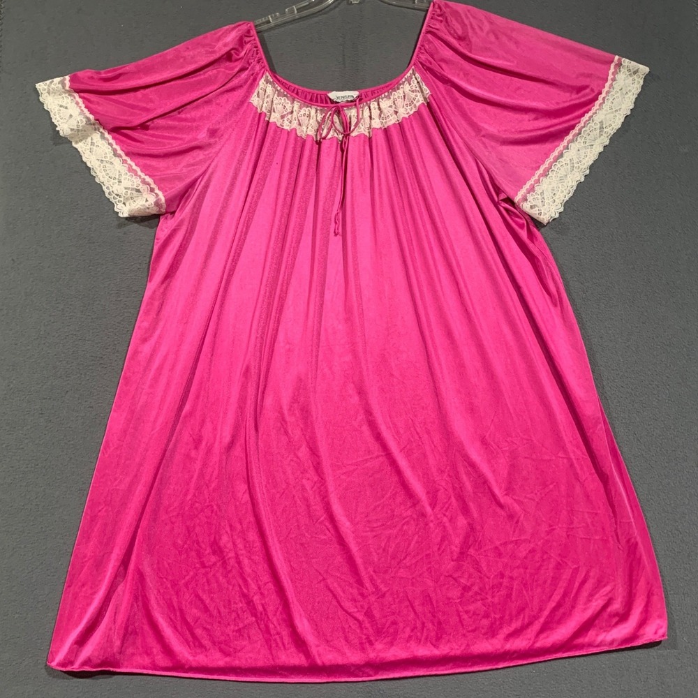 VTG Ventura Midi Nightgown Womens XL Deep Pink Lace Trim Short Sleeve Sleepwear